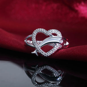 925 Sterling Silver Dolphins Heart Ring