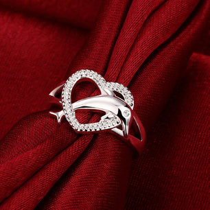 925 Sterling Silver Dolphins Heart Ring